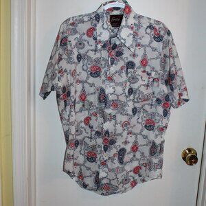 Vintage Enrico Men's Button Up Shirt- Short Sleeve - Blue and Red Paisley Print